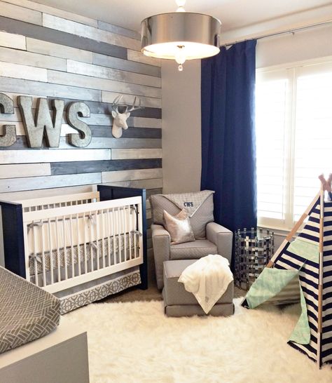 Gray and Navy Nursery with Metallic Wood Wall - we love this take on a wood accent wall. So chic! Wood Wall Nursery, Grey And Navy Nursery, Navy Nursery, Rustic Nursery, Wood Accent Wall, Baby Boy Nursery, Boy Bedroom, Big Boy Room, Project Nursery