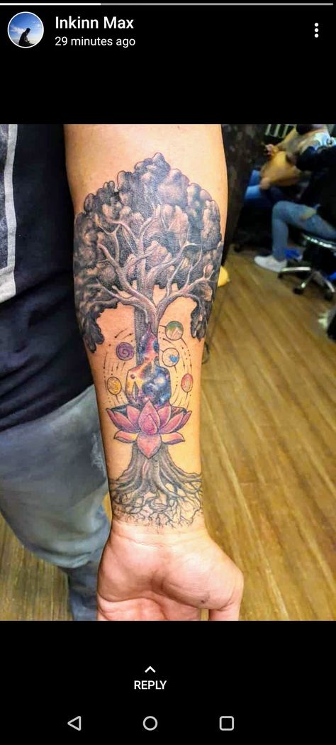 #Buddha lotus universe tree Female Buddha Tattoo Goddesses, Bodhi Tree Tattoo, Buddha Lotus Tattoo, Tree Sleeve Tattoo, Sleeping Buddha, Tree Tattoo Forearm, Avatar Tattoo, Chakra Tattoo, Buddhist Tattoo