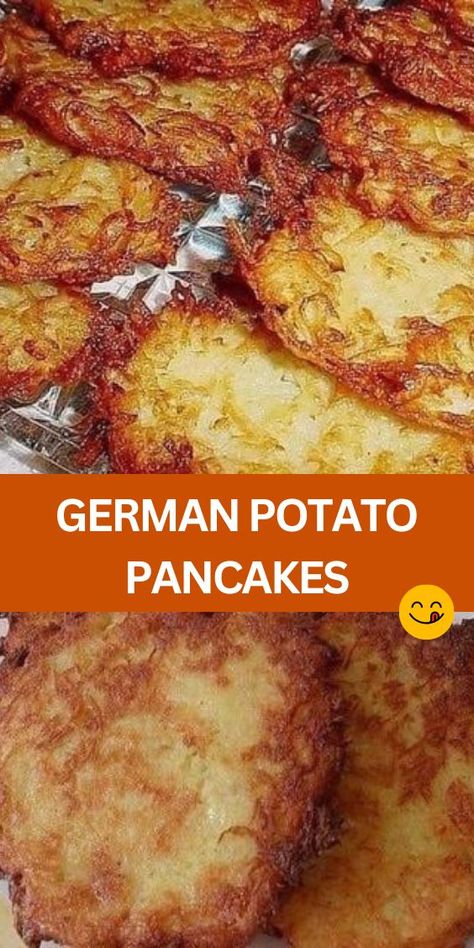 GERMAN POTATO PANCAKES - Experience the savory delight of German Potato Pancakes! Made with shredded potatoes, eggs, and flavorful seasonings, these pancakes are perfect for breakfast or dinner. Serve them alongside Bratwurst sausage for a hearty meal, or top them with cranberry sauce and maple syrup for a sweet twist. Potato Patties Shredded, German Potato Pancakes Easy, Potato Pancakes Shredded Easy, German Potato Pancakes Authentic, Potato Pancakes Shredded, Starch Dishes, Potato Pancakes From Mashed Potatoes, Easy Potato Pancake Recipe, German Potato Cakes