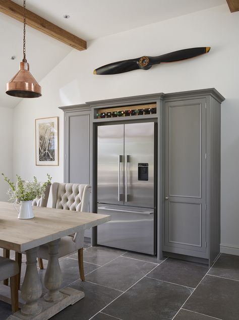 This bespoke fridge freezer housing is perfect for the grey kitchen, built using our traditional Original furniture #harveyjones #kitchens #greykitchen Fridge Cabinets, Built In Fridge, Built In Fridge Freezer, Designer Kitchens, Small Cottage Kitchen, Barn Kitchen, Open Plan Kitchen Living Room, Kitchen Fridges, Furniture Cheap