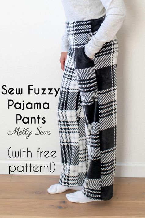 How to Make Fleece PJ Pants - DIY Fuzzy Pyjama Project - Melly Sews Diy Lounge Wear, Pajama Pants Diy, Sewing Workspace, Pajama Pants Pattern Free, Fleece Sewing Patterns, Pajama Pants Pattern, Fleece Sewing Projects, Pants Pattern Free, Pants Diy