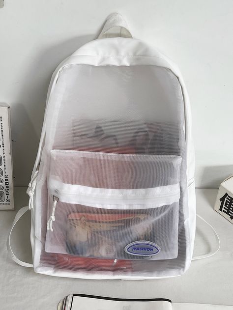 Clear Mesh Panel Pocket Front Backpack Clear Backpacks, School Pouch, Concert Bags, Mesh Backpack, Clear Backpack, Aesthetic Backpack, Kawaii Backpack, Clear Tote Bags, Fun Sleepover Ideas