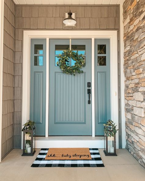 Spring Porches, Farmhouse Fall Porch Decor, Spring Front Porch Decor, Blue Front Door, Front Door Paint Colors, Door Paint Colors, Hello Friday, Painted Front Doors, House Front Door