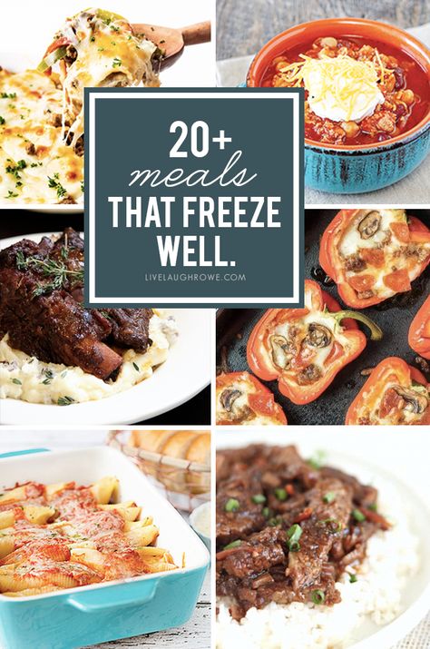 Over 20 delicious meals that freeze well -- perfect for busy nights. Let the family think you've been in the kitchen all day. Freezer meals for the win. More at livelaughrowe.com #freezermeals #mealprep Recipes That Freeze Well Freezer Meals, Crockpot Meals That Freeze Well, Things You Can Freeze, Spring Freezer Meals, Heat And Eat Freezer Meals, Leftovers That Freeze Well, Freezer Meals For Senior Citizens, Cooked Meals That Freeze Well, Dinners That Freeze Well