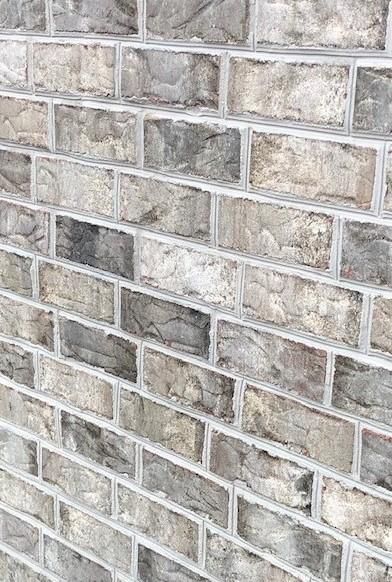 Evelyn Bay Triangle Brick, White Brick Grey Stone Exterior, Triangle Brick Colors, Evelyn Bay Brick, Light Gray Brick House Exterior, Grey Exterior House Colors With Brick, Gray Brick House Exterior, Grey Brick House Exterior, White Wash Brick Exterior