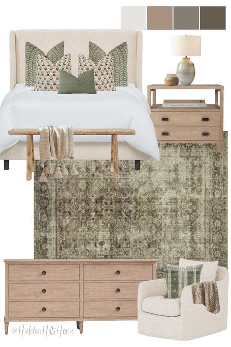 Primary bedroom decor mood board with cream and sage green colors! Cream upholstered bed with beige furniture accents Hanson Upholstered Bed, Marin Sofa, Primary Bedroom Decor, Cream Bedroom Decor, Green Upholstered Bed, Tilly Upholstered Bed, Decor Mood Board, Tan Bedroom, Sage Bedroom