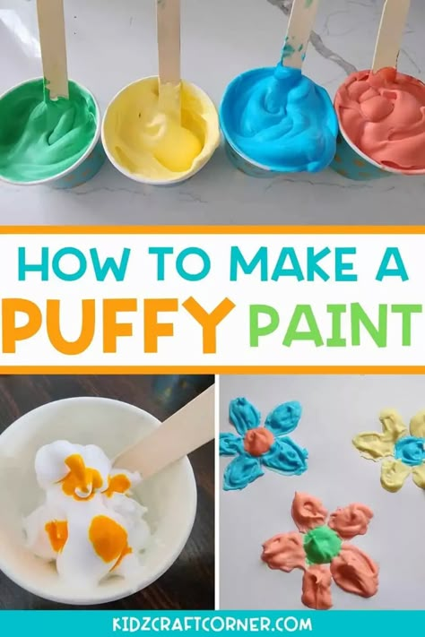 How To Make Puffy Paint With Shaving Cream - Kidz Craft Corner Paint With Shaving Cream, Outdoor Art Activities, Easy Art Activities For Kids, Make Puffy Paint, Glue And Food Coloring, Puffy Paint Crafts, Easy Painting Ideas For Kids, Puffy Paint Recipe, Art Projects For Toddlers