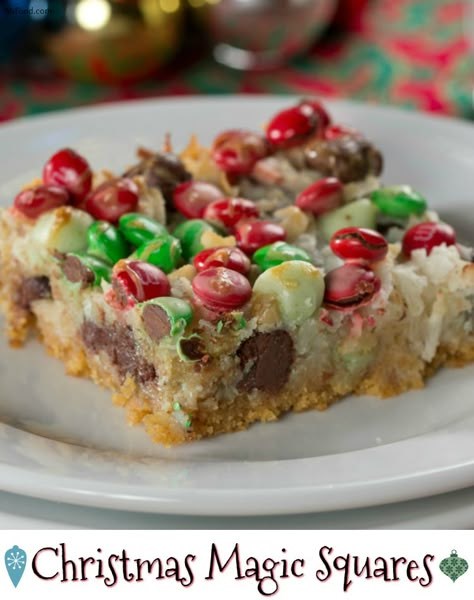 Create a little Christmas magic of your own with our easy recipe for Christmas Magic Squares. This holiday-festive cookie bar recipe is great for snackin' on all holiday season long, like when you're at a cookie exchange with friends or when you're trimming the tree! No matter when you bake these up, they'll definitely fill you with the feeling of holiday magic! Holiday Cooking Thanksgiving, Holiday Cooking Recipes, Holiday Cooking Christmas, Christmas Cookie Bars, Christmas Baking Recipes, Christmas Cookie Exchange, Cookie Bar, Magic Squares, Christmas Candy Recipes