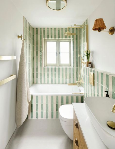 Eclectic Bathroom, Cottage Bathroom, Green Bathroom, Striped Wallpaper, Bathroom Renos, House Bathroom, Dream House Decor, Beautiful Bathrooms, Small Bathroom Remodel