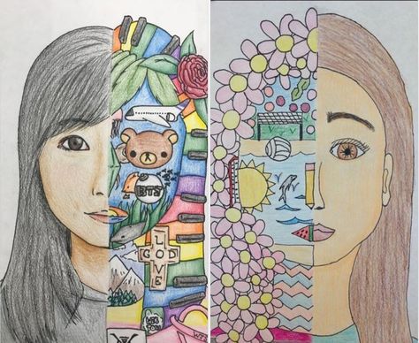 Year 5 Art Projects, Sel Art Projects Middle School, Art Therapy Elementary School, Fun Art Therapy Activities, Self Portrait Art Therapy, Art Therapy Classroom, Art Therapy Self Portrait, Year 7 Art Lessons, Who Am I Art Project