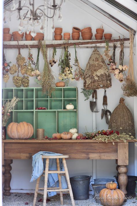 Peek Inside our Potting Shed & a vintage inspired table - French Country Cottage Potting Bench Ideas, Garden Shed Interiors, Bee Skeps, Potting Benches, Shed Interior, Potting Table, Vintage Bee, English Cottage Garden, Vintage Garden Decor