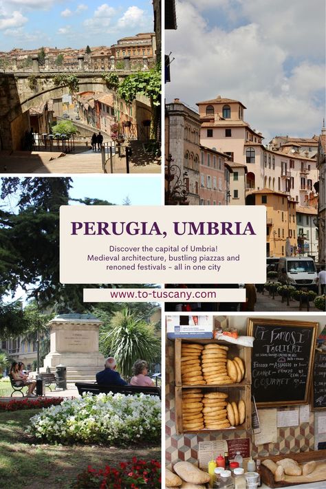 A collection of scenic views of Perugia, Umbria, showcasing its historic architecture and vibrant culture, inspiring travel to the capital of Umbria Greve In Chianti, Perugia Italy, Tuscany Travel, Medieval Architecture, Umbria Italy, Sistine Chapel, Jazz Festival, Medieval Town, St Francis