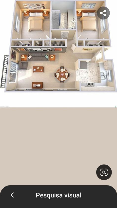 Small Two Bedroom Apartment, 2 Bedroom House Design, Small Apartment Plans, Small House Blueprints, Two Bedroom Apartment, Three Bedroom House Plan, 3d House Plans, Small House Layout, Tiny House Layout