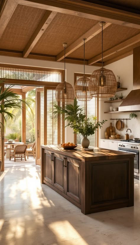 Transport yourself to paradise with this Bali-inspired kitchen, complete with a teakwood island and a backdrop of lush greenery. Captured in the stunning golden hour light, the space is illuminated by expansive picture windows and elegant rattan pendants. Designed for the ultimate Pinterest showcase, this kitchen is a dream realized. Bali Kitchen Design Inspiration, Hawaii Beach House Aesthetic, Island Home Aesthetic, Bali Kitchen Design, Tropical Modern Kitchen, Bali Style Kitchen, West Indies Style Kitchen, West Indies Kitchen, Carribean Kitchen