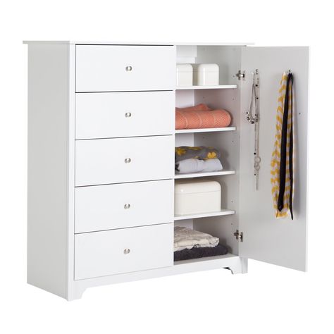 South Shore Vito Door Chest with 5 Drawers, White - Walmart.com - Walmart.com White Armoire, White Chest Of Drawers, Door Chest, Drawers Bedroom, Bedroom Chest, White Chests, 5 Drawer Chest, Metal Drawers, Dressers And Chests