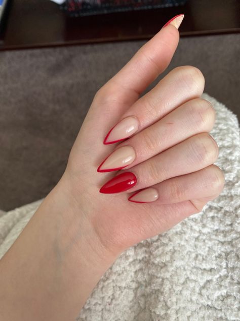 Stilleto Nails French Tip Red, Nails With Red French Tip, Nails With Red French, Acrylic Nails With Red, Arrow Nails, Red Tip Nails, Nails With Red, Red French Tip, Red French