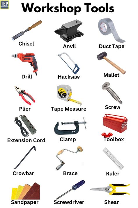 Workshop Tools | Types of Workshop Tools | Different Types of Workshop Tools | Chisel | Anvil | Duct Tape | Drill | Hacksaw | Mallet | Plier | Tape Measure | Screw | Extension Cord | Clamp | Toolbox | Crowbar | Brace | Ruler | Sandpaper | Screwdriver | Shear Types Of Tools, Carpentry Tools And Equipment, Workshop Aesthetic, Wheel And Axle, Workshop Hacks, Tool Wall Storage, Mechanical Tools, Tools Images, Woodwork Tools