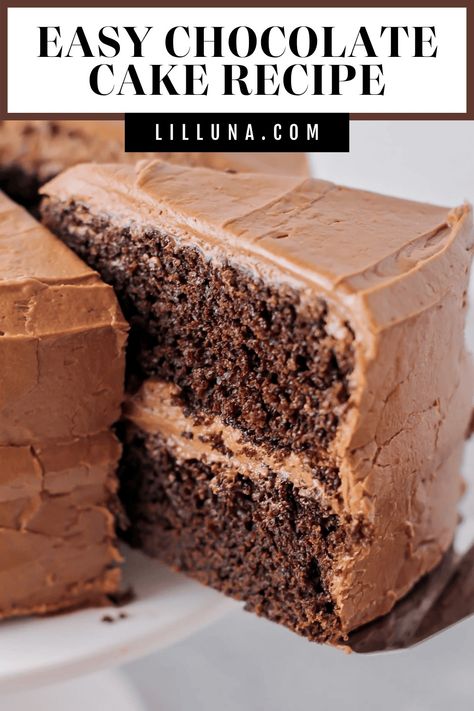 This deliciously easy chocolate cake recipe is topped with homemade chocolate frosting. This 2-layer cake is simple and decadent! #easychocolatecake #chocolatecake #chocolate #cake #twolayerchocolatecake Easy Layer Cake Recipes, Homemade Chocolate Frosting, Easy Chocolate Cake Recipe, Homemade Buttercream Frosting, Chocolate Cake From Scratch, Rhubarb Desserts, Chocolate Cake Recipe Easy, Homemade Chocolate Cake, Easy Chocolate Cake