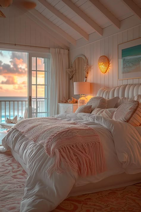 Shabby Chic Beach Bedroom, Cozy Beach Bedroom Ideas, Pink Coastal Bedroom Aesthetic, Pink Beach House Aesthetic, Beach Decor For Bedroom, Pink Costal Bedroom, White Beach Room, Coastal Bedrooms Pink, Cute Beach Rooms