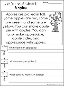 4 Fall themed Reading Comprehension No Prep Worksheetsin a PDF download.Here is what you get!    3 Fall themed Reading Comprehension No Prep WorksheetsPrints a total of 3 pages.Designed by the owner of Teach At Daycare in Arkansas City Kansas.  Use a combination of our many educational games and worksheets to teach young children in a daycare or homeschool setting.Please see our many other items in our store. We always have single themed educational games and full curriculum sets. Apple Reading Comprehension, Fall School Worksheets, Fall First Grade Activities, First Grade Fall Activities, November Homeschool Ideas, Fall Homeschool Activities, October Worksheets, Fall Preschool Worksheets, Fall Lesson Plans