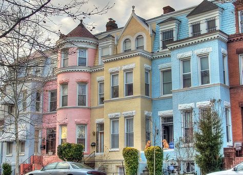 A row of pastel houses on Monroe Street, NW, in Washington, DC. Shabby Chic Color Palette, Colored Houses, Pastel Palettes, Shabby Chic Colors, Pastel House, Pastel Palette, Earthship, Aesthetic Pastel, Pastel Shades