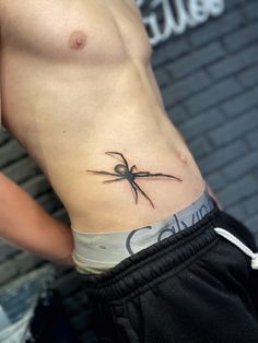 Spider Tattoo Ideas For Men, Red Tattoos For Men, Realism Spider Tattoo, Hot Neck Tattoos, Side Tattoos Ideas, Hip Tattoos For Men, Men Hip Tattoo, Rib Cage Tattoos For Men, Lower Abdomen Tattoo Men