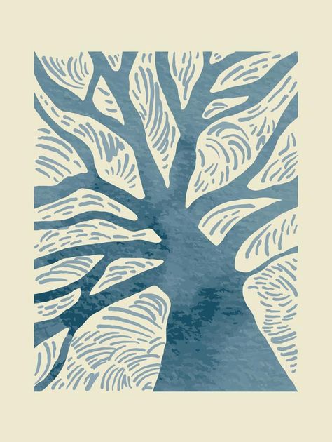 Tree Pattern Drawing, Abstract Nature Drawing, Abstract Tree Illustration, Tree Illustration Simple, Aesthetic Design Patterns, Linocut Prints Ideas Simple, Tree Illustration Design, Linocut Tree, Tree Linocut