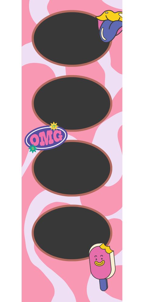 A pink dominant squiggle pattern background with four oblong frames. The design includes y2k retro stickers of a tongue sticking out, an omg sticker, and a bitten ice-cream with a face. Photo Booth Frame Template, Polaroid Strip Template, Photo Strip Frame, Frame Photo Template, Photo Strip Template Aesthetic, Photostrip Template Png, Frame Edit Aesthetic Template, Wallpaper Template Aesthetic, Photo Strip Ideas