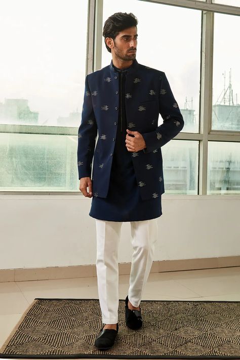 Buy Tisa - Men Blue Viscose Polyester Embroidered Bandhgala And Kurta Set Online | Aza Fashions Men’s Koti Kurta, Men’s Bandhgala, Indowestern Kurta For Men, Tilak Dress For Men, Bandgala Suit For Men, Kurta For Wedding For Men, Indian Suits For Men, Traditional Men’s Clothing, Party Wear Kurta Pajama For Mens