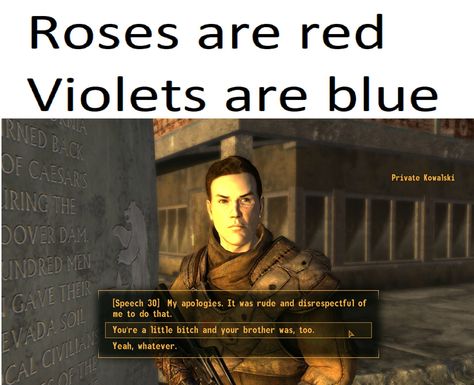 Fallout: New Vegas poem for you. https://ift.tt/2xlaqlm Fallout Meme, Fallout Funny, Video Game Logic, Funny Gaming Memes, Fallout Game, New Vegas, The Fallout, Video Game Memes, Fallout New Vegas