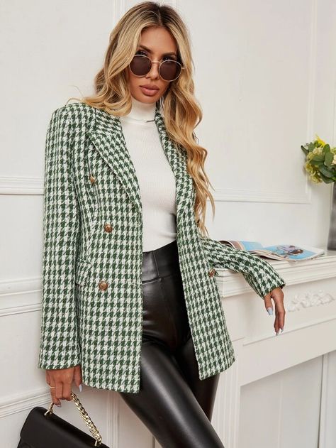 Houndstooth Flap Detail Double Breasted Overcoat | SHEIN USA Houndstooth Blazer Outfit, Green Tweed Blazer, Houndstooth Outfit, Blazer Tweed, Puffer Jacket Outfit, Double Breasted Overcoat, Green Tweed, Women Outerwear, Houndstooth Jacket