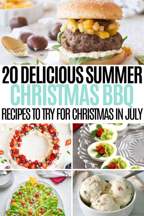 collage of Christmas BBQ dishes with caption 20 delicious summer Christmas bbq recipes to try for Christmas in July Xmas Bbq Ideas, Summer Christmas Lunch Ideas, Summer Christmas Recipes, Summer Christmas Ideas, Christmas In July Appetizers, Christmas Bbq Food, Christmas In July Recipes, Bbq Christmas Dinner, Christmas In July Party Ideas Food