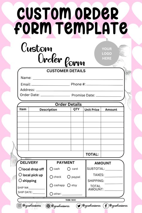 Special Order Form Template, Craft Order Form Template Free, Bakery Order Form Free Printable, Custom Order Form Template Free, Order Form Template Free Printable, Florist Business Plan, Craft Fair Vendor, Small Business Marketing Plan, Cake Order Forms