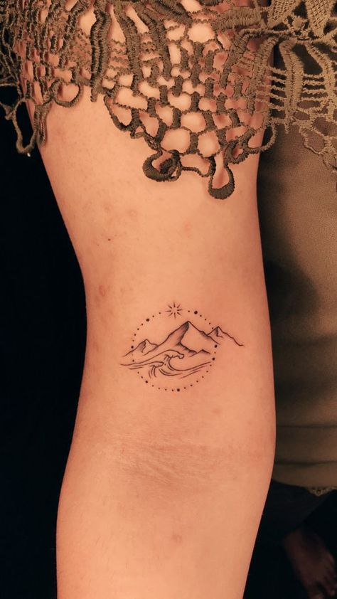 Waves And Trees Tattoo, Waves Mountain Sun Tattoo, Mountains Waves Tattoo, Mountain Meets Ocean Tattoo, Dainty Outdoor Tattoos, Ocean Meets Mountains Tattoo, Mountain Water Tattoo Simple, Hawaii Mountain Tattoo, Mountain And Sea Tattoo Simple