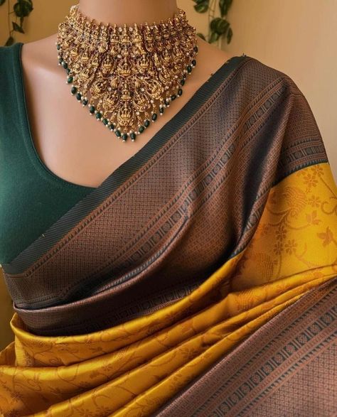 Yellow Saree With Green Border, Yellow With Green Silk Saree, Yellow Saree With Green Blouse, Copper Border Saree, Yellow Saree With Contrast Blouse, Yellow Green Saree, Green And Yellow Saree, Bottle Green Silk Saree, Golden Yellow Saree