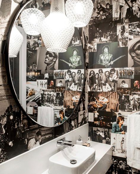 Wallpaper In House, Rock And Roll Wallpaper, Artistic Bathroom, Designer Homes, Powder Room Wallpaper, Barber Shop Decor, Decoration Restaurant, Diy House Renovations, Bathroom Inspiration Decor