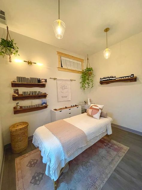 Massage Room Decoration, Ikea Massage Room, Reflexology Room Decor, Massage Room Storage, Simple Massage Room Ideas, Earth Tone Esthetician Room, Cozy Massage Room Ideas, Tiny Massage Room Ideas, Massage Office Design