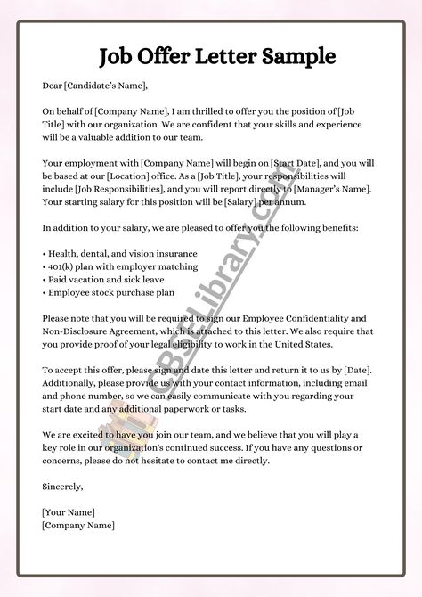 Job Offer Letter | Format, Sample, Template and How To Write a Job Offer Letter? - CBSE Library Job Offer Letter Format, Job Offer Letter From Employer, Offer Letter Format, Job Offer Letter, Employment Letter, Letter Format Sample, Interview Format, Letter Writing Samples, Job Letter