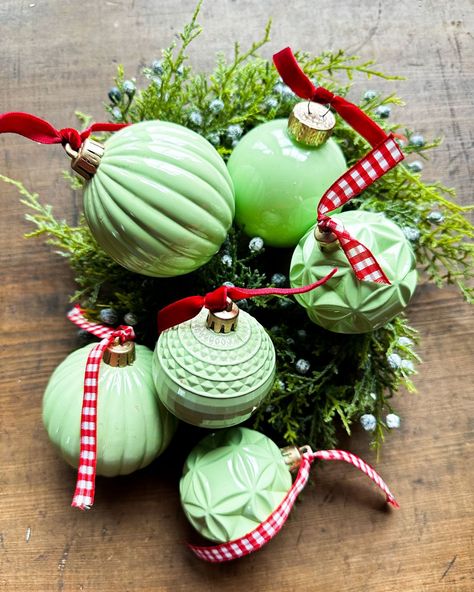 If you love the look of jadeite, I'll show you how I made these Jadeite Christmas Ornaments. Sharing what I learned not to do. Jadeite Christmas, Vintage Inspired Christmas Ornaments, Christmas Tree Decorations Ribbon, Christmas Ornament Crafts, Merry Little Christmas, Ornament Crafts, Holiday Projects, Christmas Snowflakes, Christmas Deco