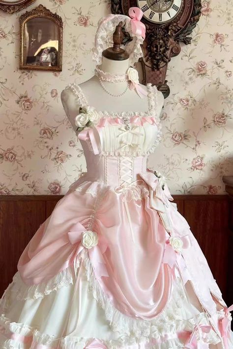 Apricot/Pink Multi-layer Ruffle Hanayome Bowknot Sweet Princess Gorge – LolitaInside Couture, Pink Cute Dress Aesthetic, Princess Stuff Aesthetic, Pink Lolíta Dress, Princess Core Dress, Big Pink Dress, Royal Outfits Princesses, Cute Princess Dresses, Cute Core Outfit