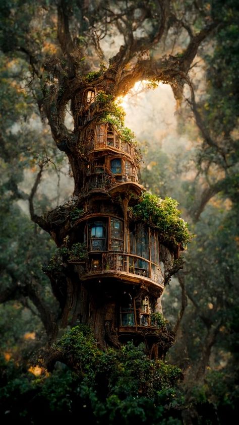 Magical Forest House, Enchanted Forest House, Peaceful Architecture, Fairy Architecture, Forest Treehouse, Fantasy Treehouse, Magical Treehouse, Forest Elves, Beautiful Tree Houses