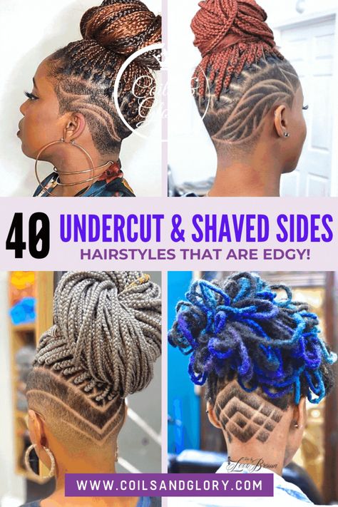 Shaved Side Natural Hairstyles, Shaved Side Braided Hairstyles, Natural Undercut Hairstyles Black Women, Shave Sides Hairstyles, Side Shave Designs For Women, Mohawk Loc Styles Black Women, Haircut Designs For Women Black, Undercut Shaved Sides, Mirco Locs