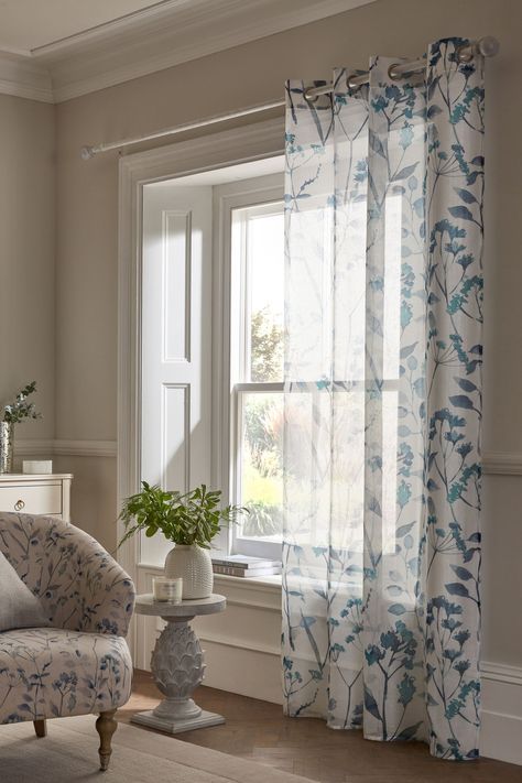 Blue Floral Curtains, Curtains Uk, Voile Panels, Voile Curtains, Floral Curtains, Curtain Poles, Curtains Living Room, Floral Printed, Panel Curtains