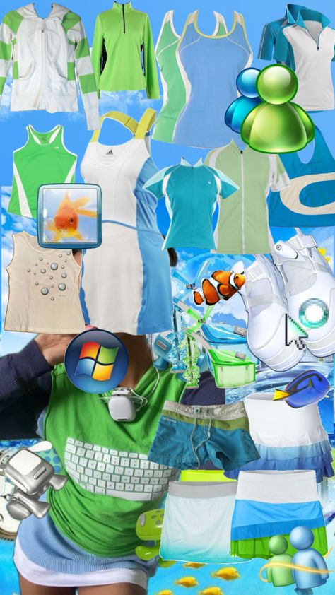 #outfitinspo #frutigeraero Scene 2000s, Eyestrain Art, Cybercore Aesthetic, Silly Clothes, Tv Head, Frutiger Aero, Lagoona Blue, 2000s Aesthetic, + Core + Aesthetic