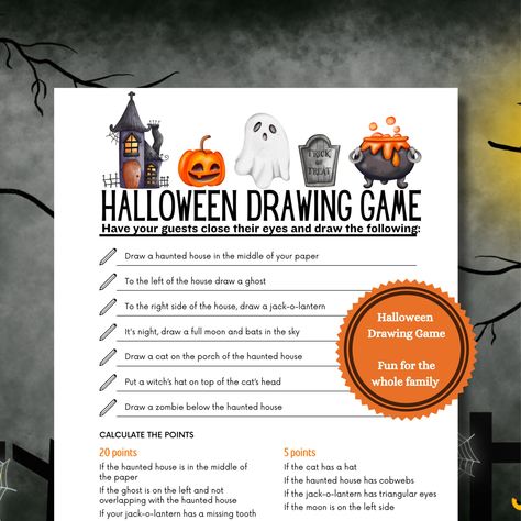 "🎃 Halloween Drawing Game: The Ultimate Spooky Sketch-Off! 🎃 Hey there, Halloween lovers! Looking for a game that's both creative and spooktacular?  The Halloween Drawing Game is just what you need to add some artistic fun to your celebrations. Perfect for Halloween parties, office shindigs, or classroom activities, this game is a hit for all ages! 👻 What's Inside: 7 Unique Drawing Prompts: From haunted houses to quirky zombies, we've got the Halloween classics covered. Easy Scoring Guide: Earn points based on specific drawing elements. Turn it into a friendly competition or just a way to show off your creative flair! 🎨 Why You'll Love It: Instant Download: Just click, print, and play! Inclusive Fun: Ideal for kids, adults, and anyone in between. Flexible: Play it at home, school, or w Halloween Blind Drawing Game, College Halloween Party Games, Fun Halloween Activities For Adults, Halloween Work Games, Office Halloween Games, Halloween Theme Games, Halloween This Or That, Halloween Team Building Activities, Halloween Office Games