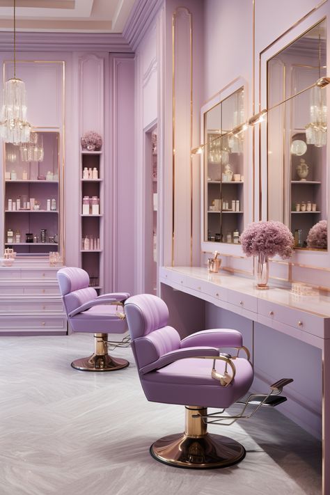 Lilac Beauty Salon, Hairdressing Salon Interior Design, Purple Beauty Salon, Hair Suite Decor Salon Ideas, Purple Accent Wall, Lashes Business, Dream Salon, Beauty Room Salon, Waxing Salon