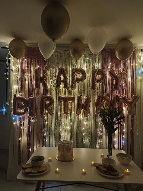 Birthday deco lights Simple Bday Decor, Living Room Birthday Party Decor, Birthday Decoration Ideas At Home, Birthday Deco, Birthday Decorations At Home, Simple Birthday Decorations, 19th Birthday, Happy Birthday To Me, 22nd Birthday