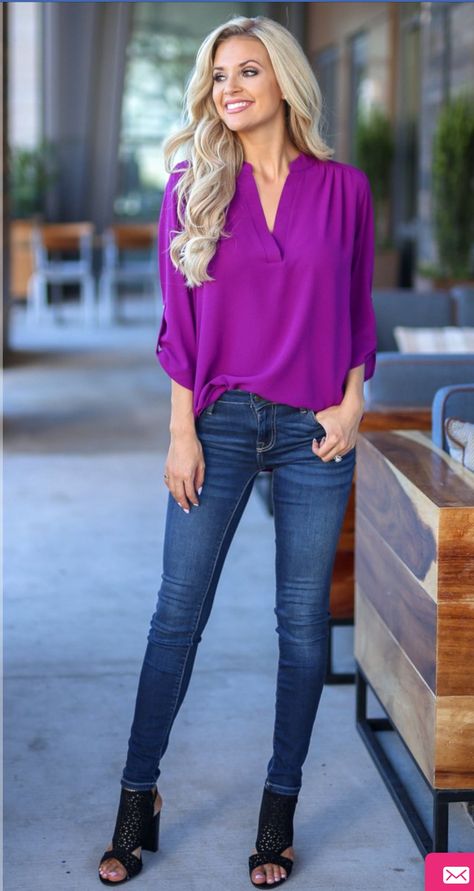 Bright purple shirt, magenta shirt, orchid shirt Women Work Blouse, Ripped Jeans Outfit, Closet Candy Boutique, Candy Boutique, Closet Candy, Older Women Fashion, Purple Blouse, Purple Shirt, Womens Fashion For Work