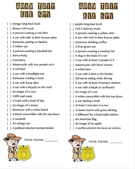 Play this simple road trip eye spy game to keep kids occupied and observant during summer road trips. Each player gets a slightly different list of unusual things to look for and checks them off as they find them. Within a specified period of time (say 1 about 1 hour) total up how many items you saw and the winner gets bragging rights for being the most observant. Helps keep kids off their electronics and pay attention to the world passing by. More road trip tips on our Pinterest board. Games To Play On A Road Trip, Breckenridge Colorado Summer, Fun Places To Visit, Summer Road Trips, Road Trip Kit, Road Trip Tips, Trip Games, Traveling Family, Trip Activities