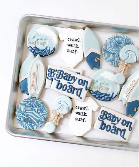 Baby On Board Decorations, Beach Baby Shower Cookies, Baby On Board Cookies, Surfer Baby Shower Ideas, Baby On Board Shower Theme, Surf Baby Shower Theme, Baby On Board Cake, Surf Cookies, Baby On Board Baby Shower Ideas